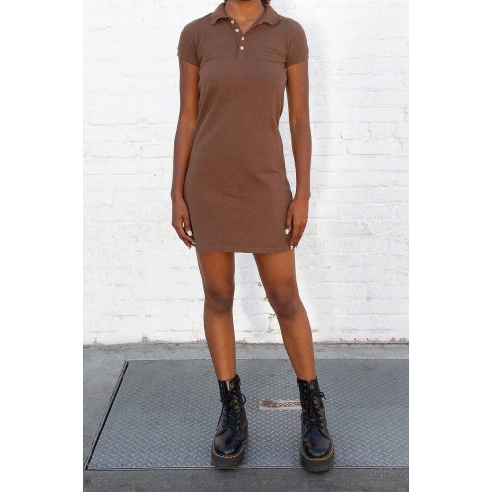 Brandy Melville Womens Paula Polo Brown Pique Cotton Preppy Dress